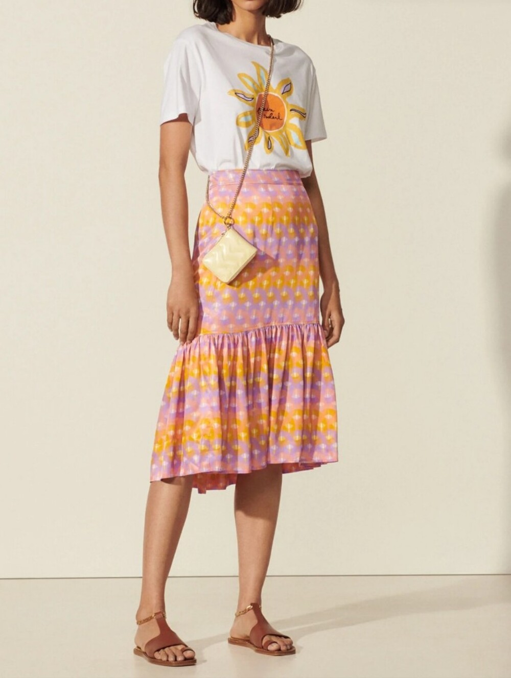 Sandro Eugenie Violet Apricot Midi Tiered Skirt